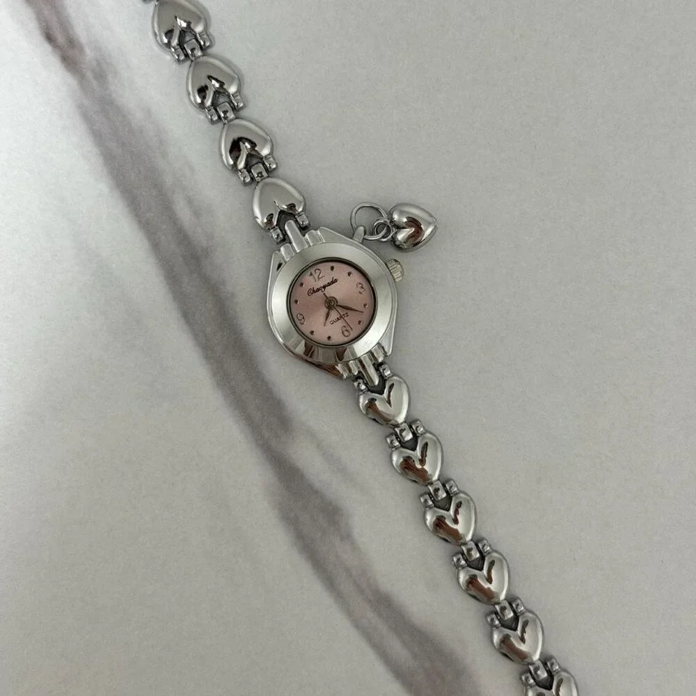 sku0148 Retro‎ Silver Pink dial Heart Charm Women Watch Bracelet + gift box